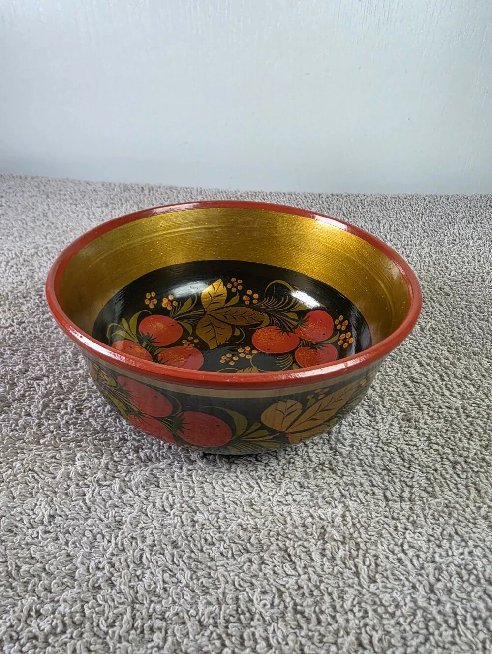 Vintage Russian Khokhloma Hand - Painted Lacquered Wood Bowl